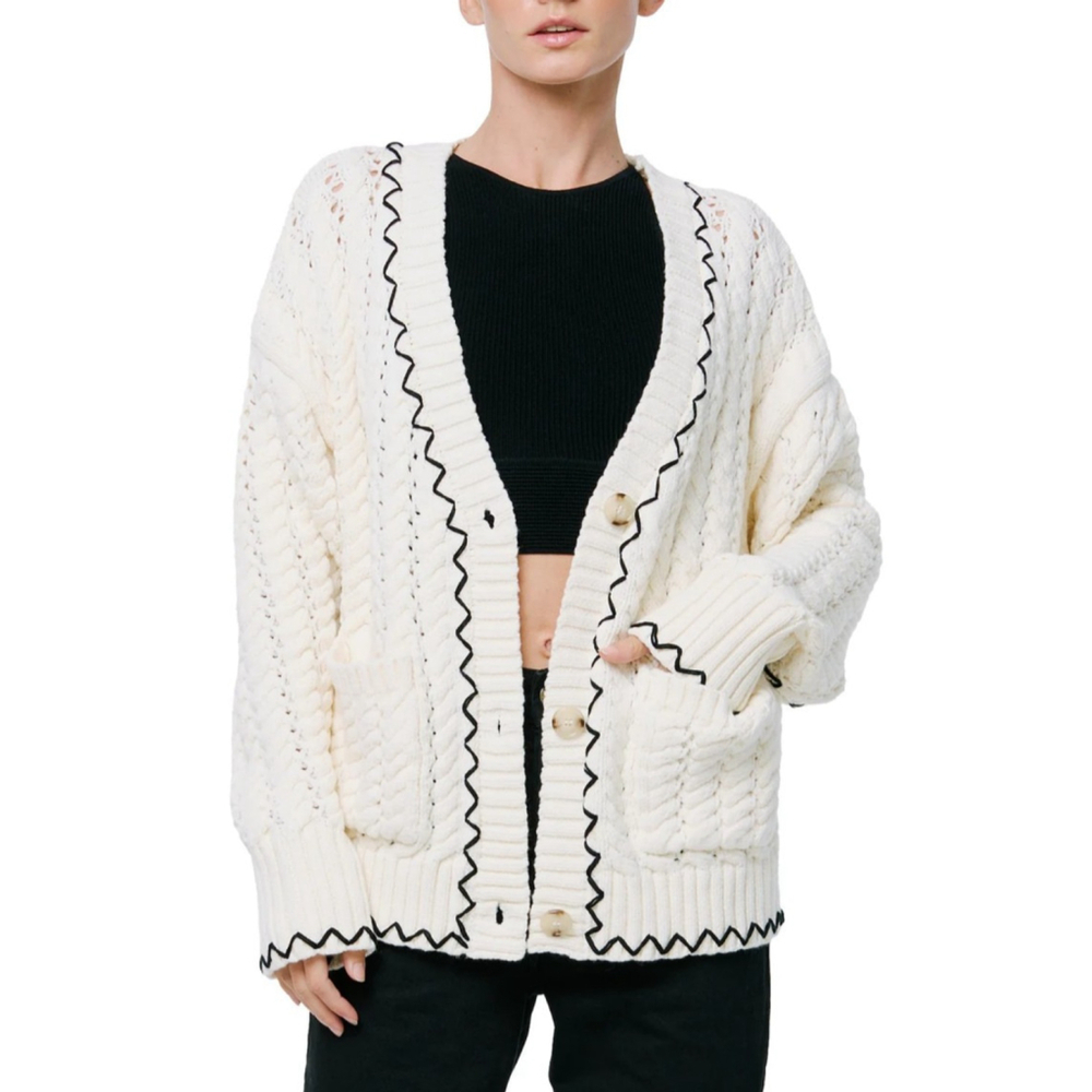 Ciebon Cardigan Sweater‎ X-Small Ivory Blue Trim Cozy Chunky Knit Oversized